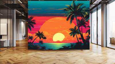 Aesthetic art collage with awesome view of nature with palm trees in the vivid colours in retro wave style Generative AI Wall mural