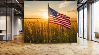 American flag on wheat field at sunset. USA Independence Day concept Wall mural