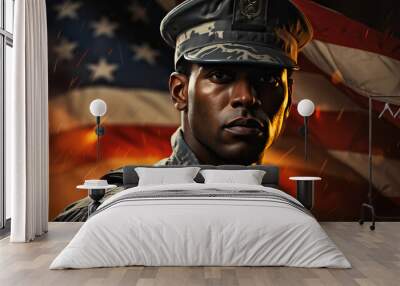 American military soldier Marine in uniform against the background of the American flag for Independence Day Wall mural