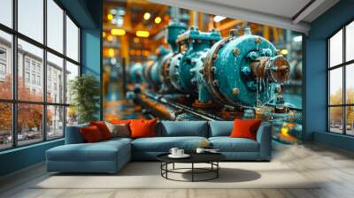 An industrial engine transparent modern high-tech centrifugal electric pump with asynchronous electric motor on a blue background with reflection Wall mural