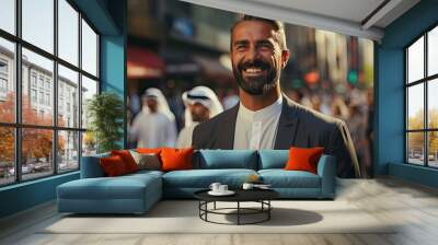 Arabic man modern businessman Muslim against the backdrop of a big city Wall mural