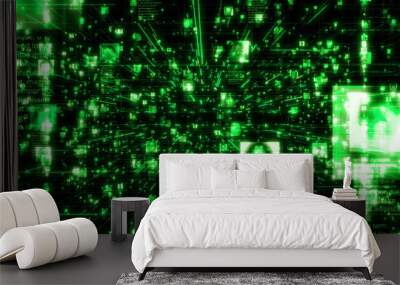 artificial intelligence concept of a social network with a stream of people portraits connected by bright green network grid in black internet cyberspace background. 3d rendering 4K footage. Wall mural