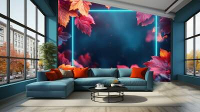 artistic autumn banner with vibrant fall leaves in a blue and green neon frame Wall mural