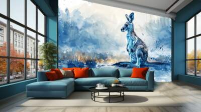 australian wildlife art, watercolor artwork celebrating western australia day, showcasing a double exposure of beach and kangaroo in blue and white tones Wall mural