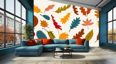 Autumn hand-drawn various colorful leaves set. Fall decorative design vector elements. Trendy seasonal illustration. Wall mural