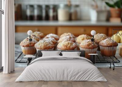 baking at home, freshly baked muffins on a cooling rack, amidst flour-dusted counters and fresh ingredients, ready to be enjoyed Wall mural