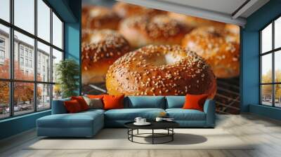 baking fresh bagels, warm bread smell fills the kitchen as homemade bagels cool on a wire rack, freshly baked and tempting Wall mural