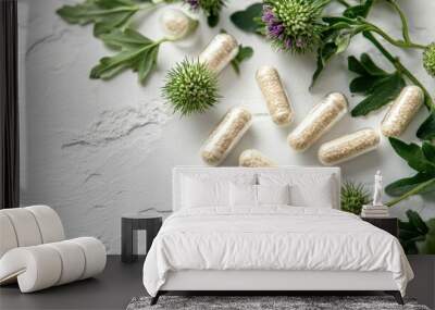 banner design of milk thistle capsules and green leaves on a white background, representing a natural detox and cleanse concept Wall mural