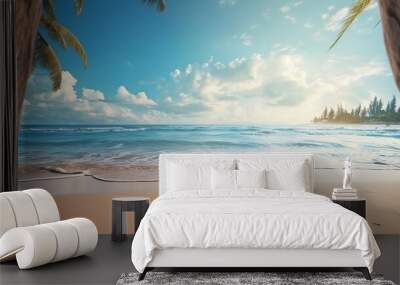 Beautiful realistic summer beach scenery background with clear blue sky and ocean view Wall mural