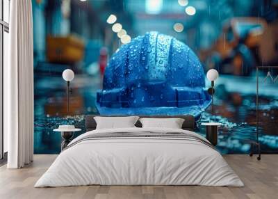 Blue hardhat with water drops on the background of the building Wall mural