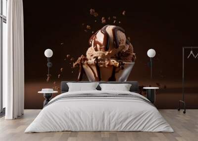 Bowl of chocolate or coffee taste ice cream poured with liquid chocolate and stracciatella on dark brown background, copy space. Generative AI Wall mural