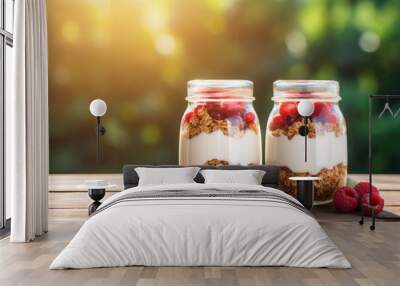 breakfast concept with granola, berries, and yogurt in jars on wooden table, ideal for copy space Wall mural