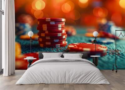 Casino gambling chips on green table with bokeh background Wall mural