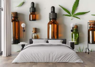 cbd oil bottle with cannabis leaf label, on white background, representing natural remedy and alternative medicine concept Wall mural