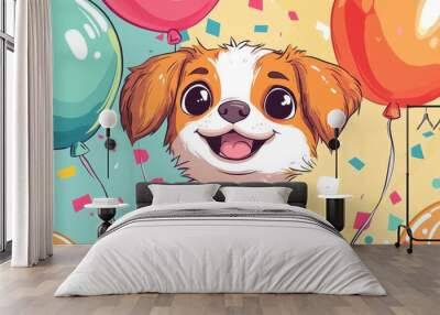 celebration illustration, cute puppy doodle with balloons and confetti, cartoon dog party banner illustration Wall mural