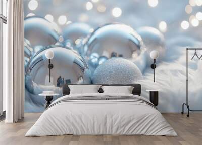 christmas decoration concept banner mockup with shiny silver baubles on a white faux fur background Wall mural