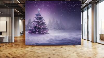 Christmas tree in the magic winter forest with stars in glowing purple night, Christmas greeting card mockup with free space for text Wall mural