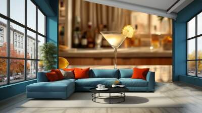 cocktail bar aesthetics, a sophisticated martini with lemon twist in an elegant glass on a marble bar counter, ideal for a chic evening cocktail Wall mural