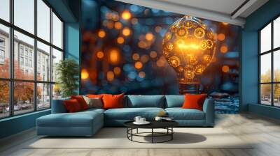 Conceptual image with lightbulb with moving gears as a symbol of an idea on dark background Wall mural