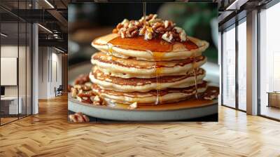 delicious twist on a breakfast classic yogurt pancakes with maple syrup and mixed nuts Wall mural