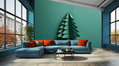 Eco christmas concept background. Green paper cut pine tree template Wall mural