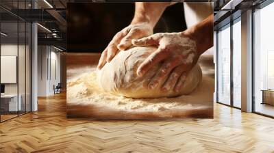 Experienced baker s hands skillfully kneading dough for authentic artisan bread making Wall mural