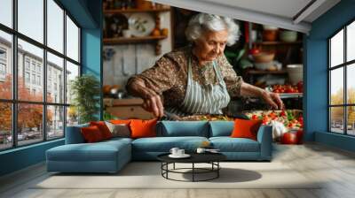 family cooking tradition, an italian grandma, overflowing with passion, making her special lasagna in a cozy kitchen with fresh ingredients, creating a warm and inviting setting Wall mural