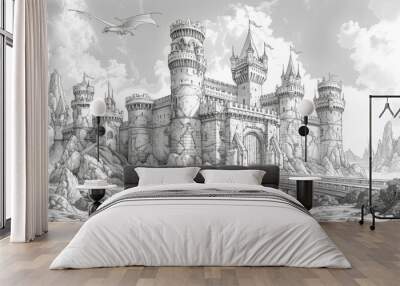 fantasy castle art, a castle coloring page with towers, drawbridge, and dragons flying in the sky let your creativity run wild as you color it Wall mural