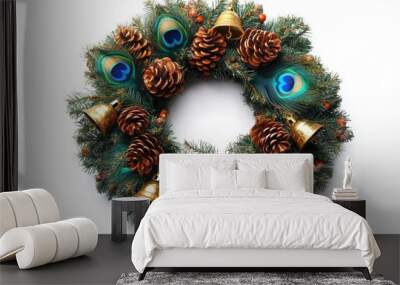 festive indian wreath, colorful indian christmas wreath with peacock feathers and golden bells on white background, perfect for diy decoration Wall mural