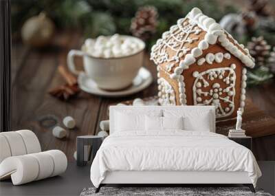 festive scene gingerbread house, hot cocoa with marshmallows on wooden table for cozy christmas vibes holiday food background to set the mood Wall mural