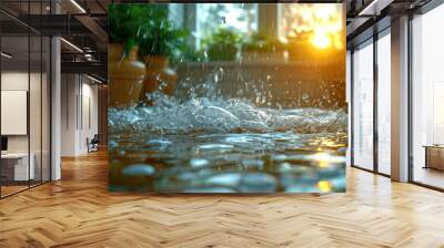 Flood, flooding in a house, apartment, burst water pipe, water drop splashing on the floor in living room at sunset background Wall mural