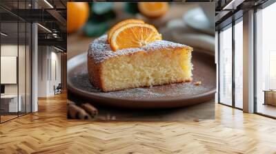 food photography, a delicious orange cinnamon cake displayed on a wooden table, perfect for adding text against the cozy background Wall mural