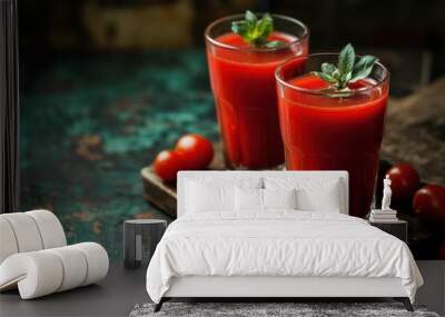 food photography, two glasses of homemade tomato juice displayed on a dark rustic background Wall mural