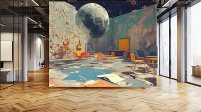 furniture playground fusion, a blend of school furniture and playground equipment in a surreal digital collage disrupts conventional concepts of space and purpose Wall mural