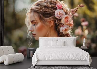 garden party hair, beautiful boho braids adorned with ribbons and flowers, creating a whimsical vibe perfect for a garden party, exuding a carefree aura Wall mural