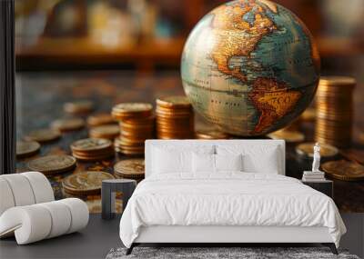 Globe and coins on table in library, closeup. Travel concept Wall mural