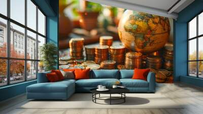 Globe and coins on table in library, closeup. Travel concept Wall mural