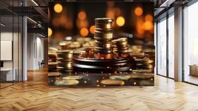 Gold coins and money are scattered on the table. Concept of wealth and saving money Wall mural