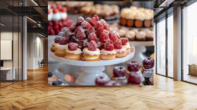 gourmet dessert display, delectable desserts and pastries arranged on a dessert table, irresistible treats for guests at a catering event Wall mural