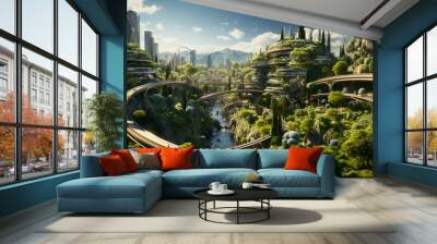 Green environmentally friendly city of the future with many green plants and alternative energy Wall mural