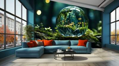 Green plants and trees in a glass sphere. The concept of environmental protection and green eco-friendly economy. AI generated Wall mural