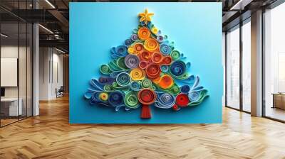 handmade christmas tree artwork created with colorful paper strips in the craft of paper quilling, depicting a festive holiday season theme Wall mural