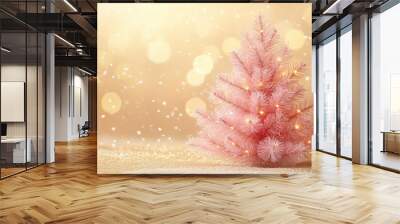 holiday card design, pink christmas tree with colorful lights on soft gold background, ideal for text, isolated for easy use Wall mural