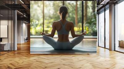 image of a person doing yoga on a mat in a peaceful room, morning routine ad promoting mindfulness and well-being Wall mural