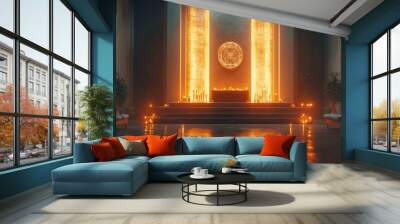 in a radiant modern space, a cryptic altar is the focal point, lit with candles and enigmatic symbols, evoking a mystical ambiance ideal for concept banners Wall mural