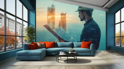 innovative banner design featuring double exposure of engineer working on blueprint and cityscape, showcasing engineering concept Wall mural