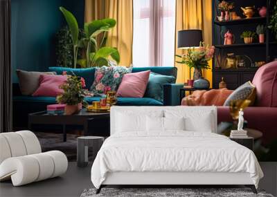 Living room interior design in barbiecolor and maximalism style using trendy pink and blue color. Generative AI Wall mural