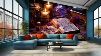 Love magic and fortune telling tarot cards, candle, rose petals on wooden background Wall mural