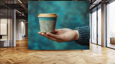 man holding a coffee cup on the go, featuring fast food concept banner with space for text Wall mural