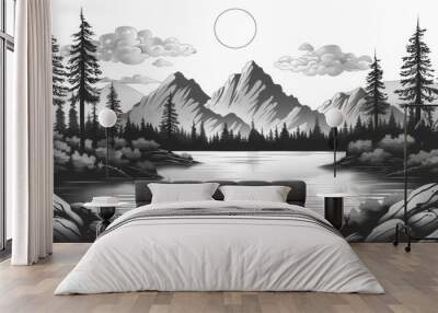 minimalist mountain scene, simple black and white artwork of a peaceful mountain scene with pine trees and a lake, minimalist nature sketch Wall mural